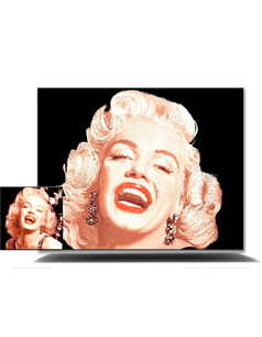 Retrato bordado de Marilyn Monroe junto a la foto original